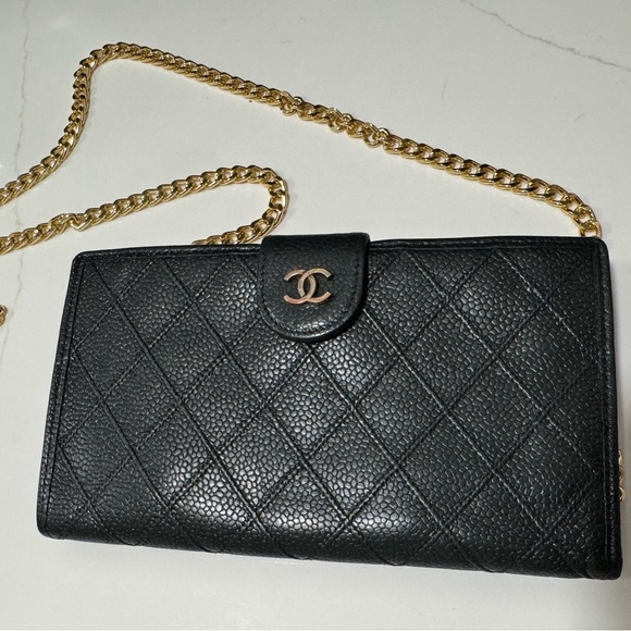 CHANEL Hunter Green Caviar Leather Wildstitch kisslock wallet FREE chain &insert - Picture 1 of 12